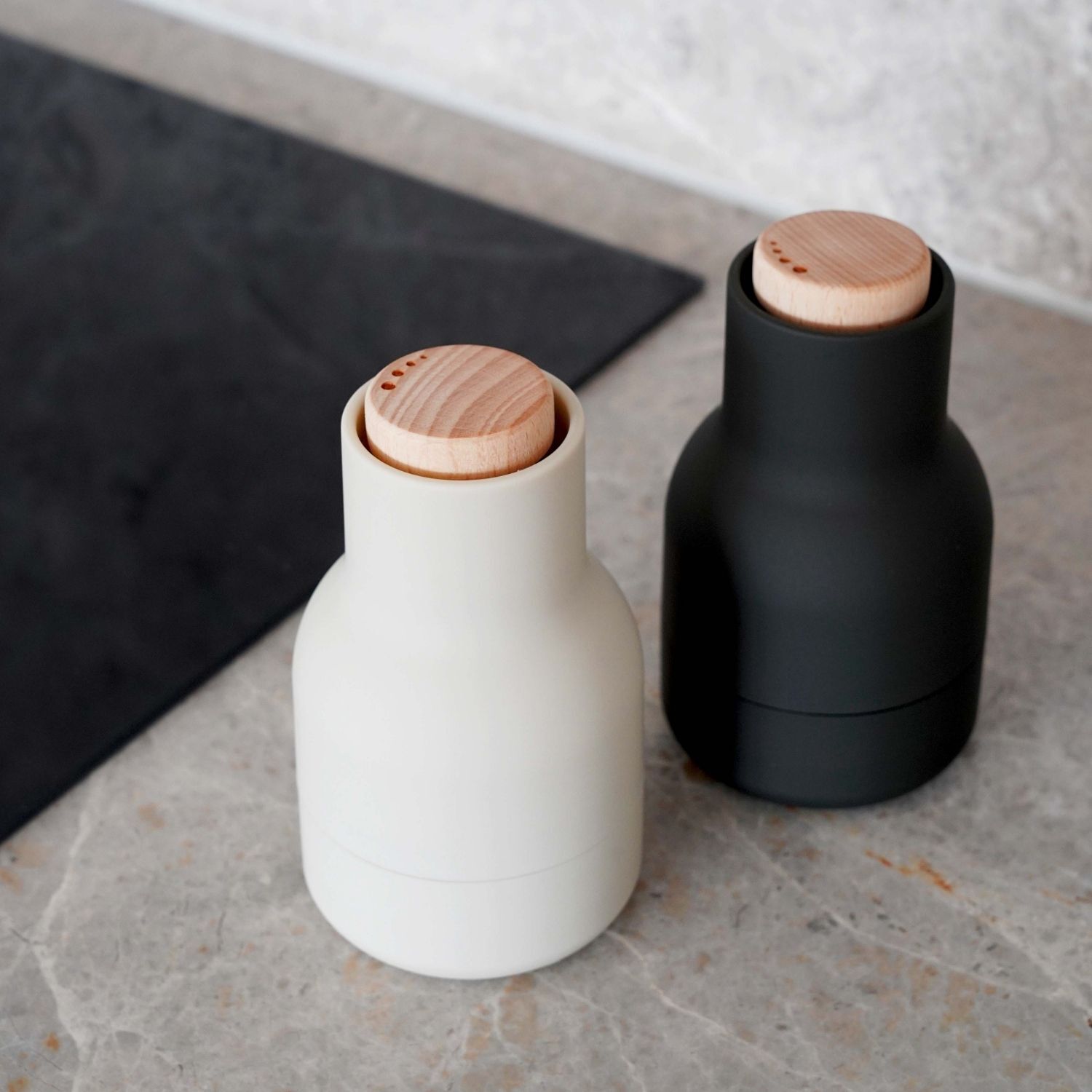 Audo Copenhagen Salt & Pepper Small Bottle Grinder with Beech Lid Set Ash Carbon