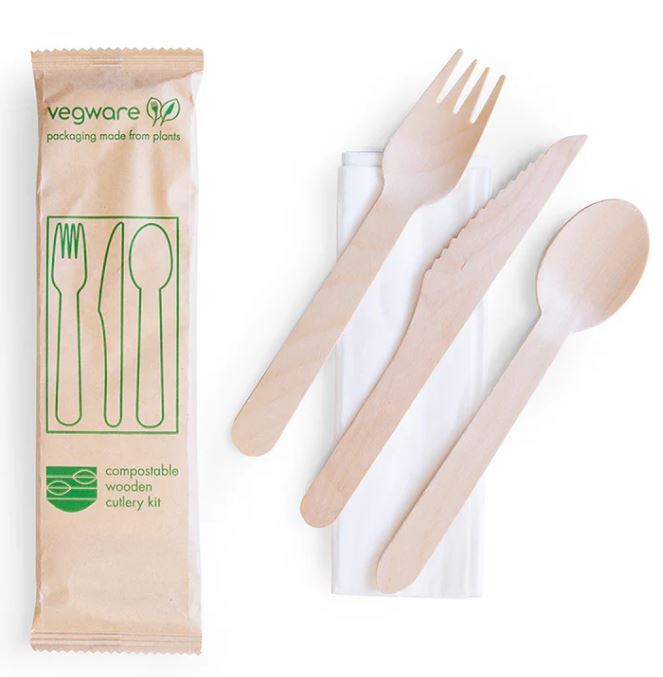 16cm Wooden Cutlery Set - Knife, Fork, Spoon with Napkin