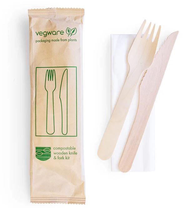 16cm Wooden Cutlery Set - Knife & Fork with Napkin